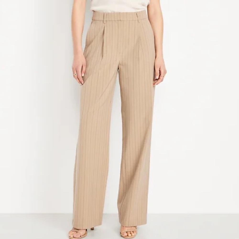 Chic Tan Pinstripe Wide-Leg Pants - 14 Tall